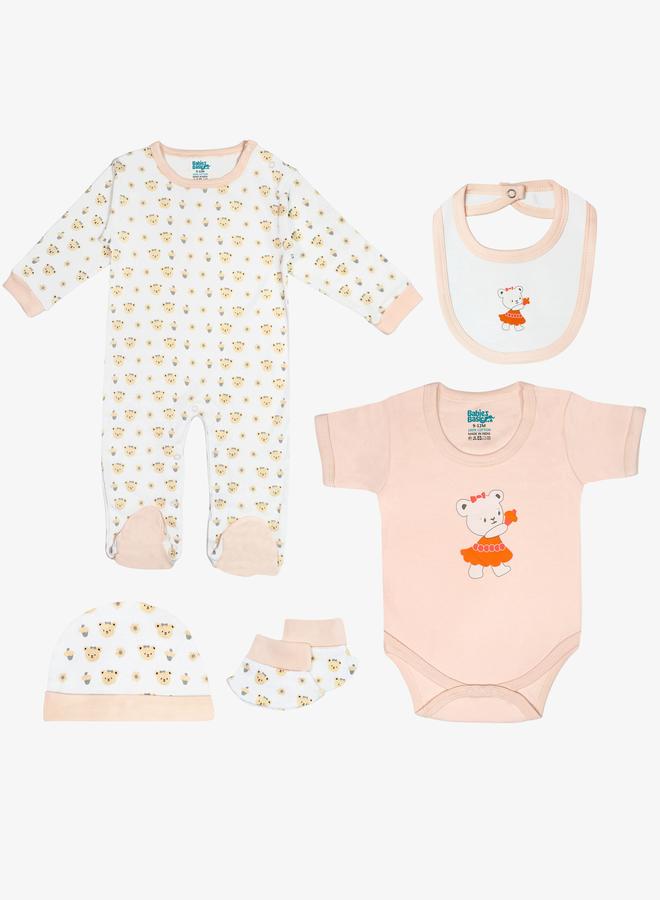 بابيز_بيسك طقم 5 قطع - مريلة، رومبر، قفازات، قبعة، وبدلة نوم - Image 1